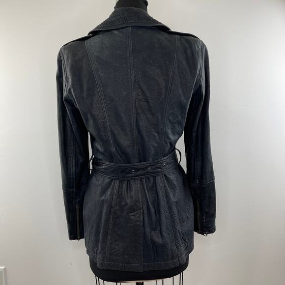 Burberry Brit Dark Blue Distressed Leather Belted Trench Coat Jacket US 6 UK 8 - Picture 4 of 16